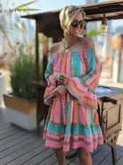 Isolde - Linen Blend Ethnic Print Off Shoulder Loose Mini Dress - Lumina Vancouver