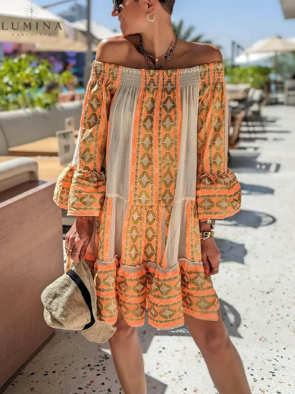 Isolde - Linen Blend Ethnic Print Off Shoulder Loose Mini Dress - Lumina Vancouver
