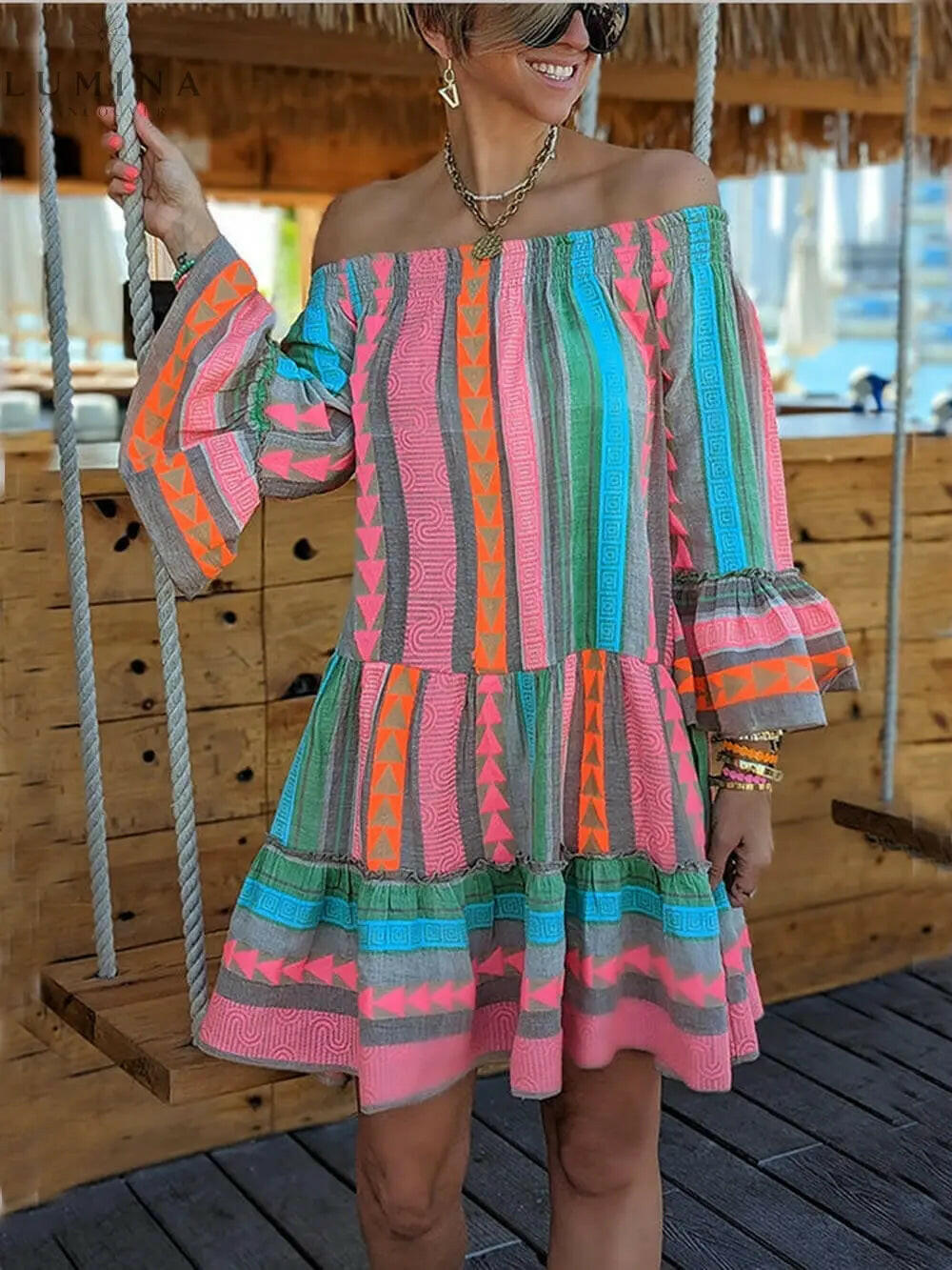 Isolde - Linen Blend Ethnic Print Off Shoulder Loose Mini Dress - Lumina Vancouver