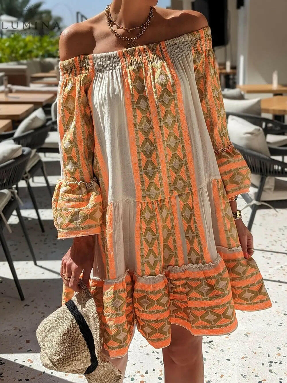 Isolde - Linen Blend Ethnic Print Off Shoulder Loose Mini Dress - Lumina Vancouver