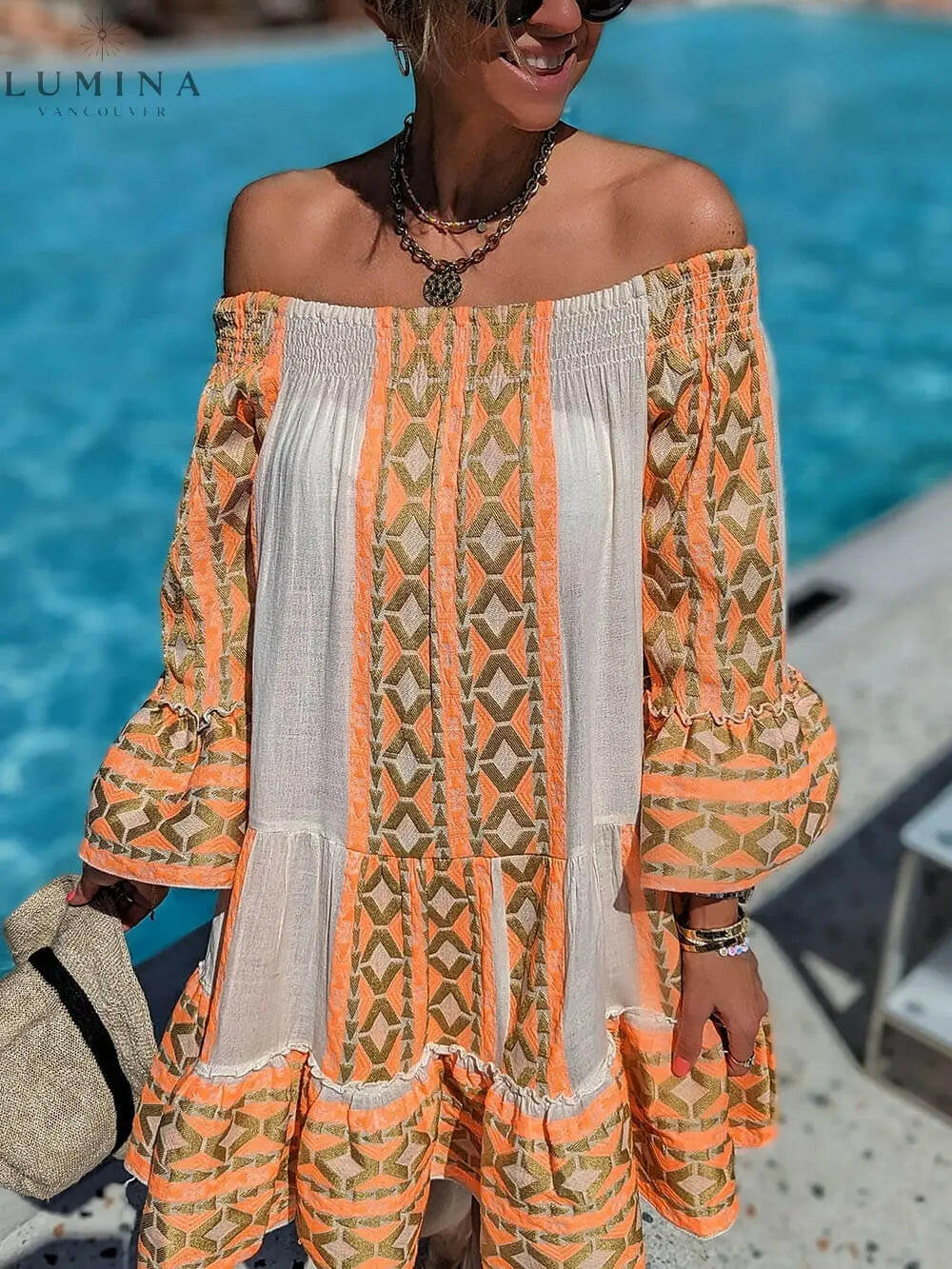 Isolde - Linen Blend Ethnic Print Off Shoulder Loose Mini Dress - Lumina Vancouver