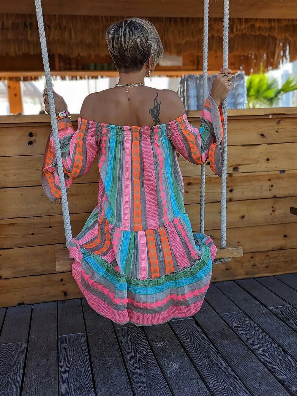 Isolde - Linen Blend Ethnic Print Off Shoulder Loose Mini Dress - Lumina Vancouver