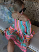 Isolde - Linen Blend Ethnic Print Off Shoulder Loose Mini Dress - Lumina Vancouver