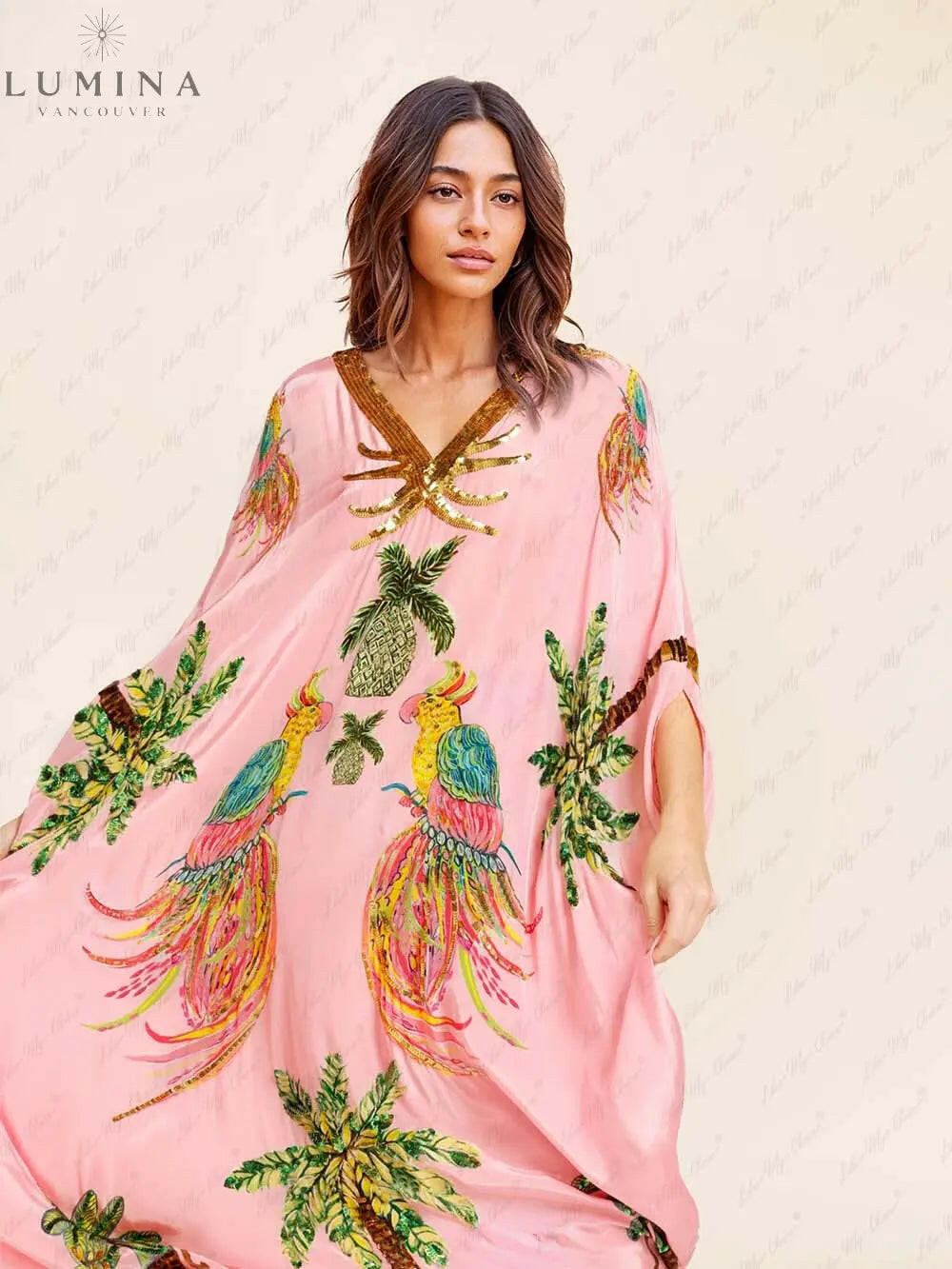 Kaia - Unique Drop Shoulder Sleeve Coconut Tree Printed Dress - Lumina Vancouver