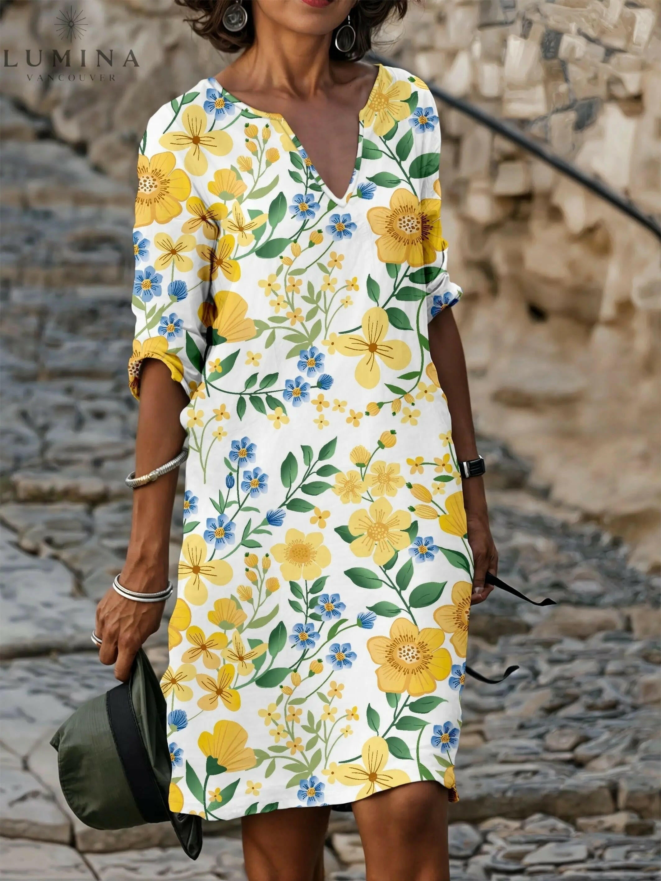 Lily – Floral V-Neck T-Shirt Dress - Lumina Vancouver