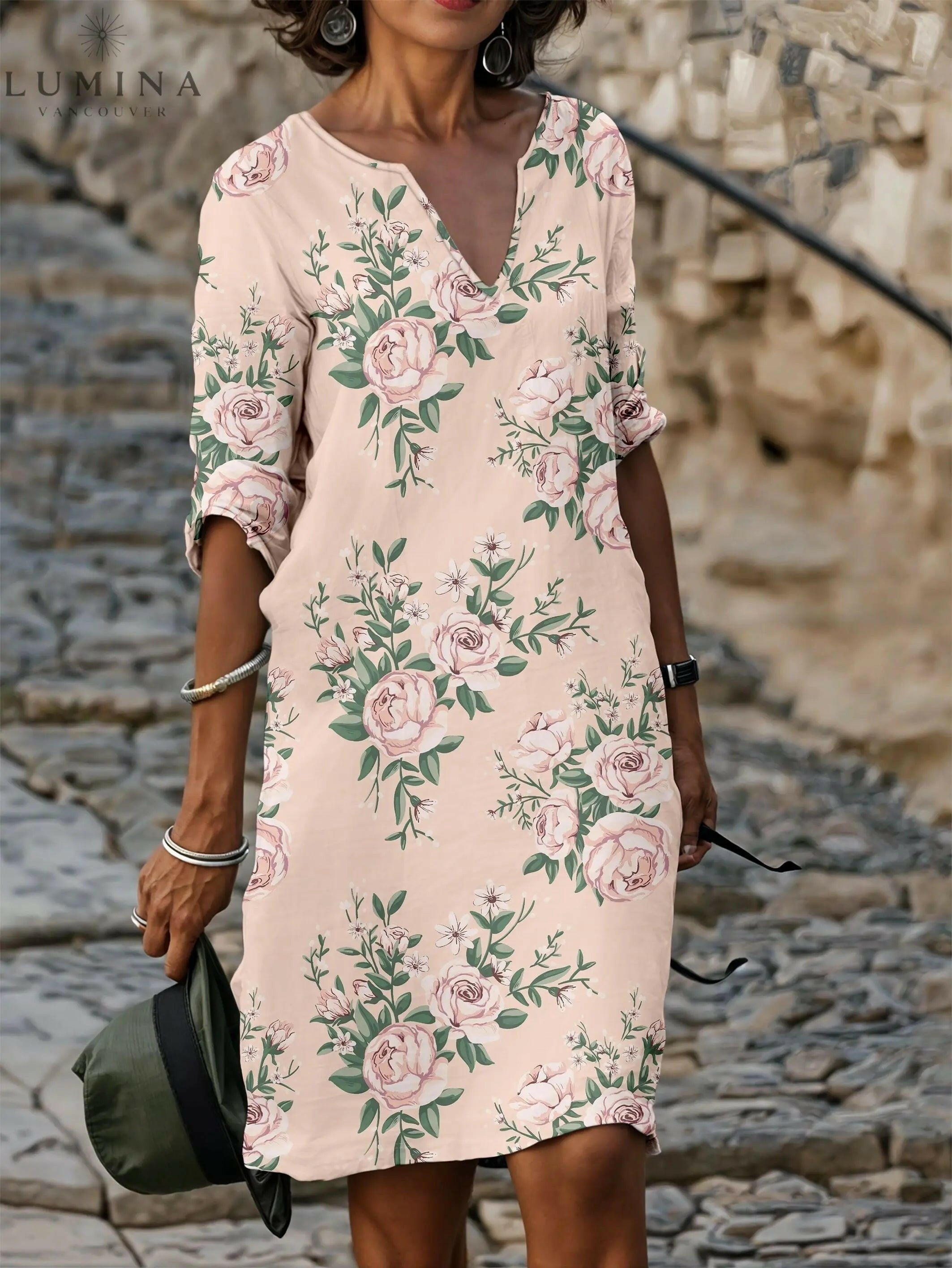 Lily – Floral V-Neck T-Shirt Dress - Lumina Vancouver