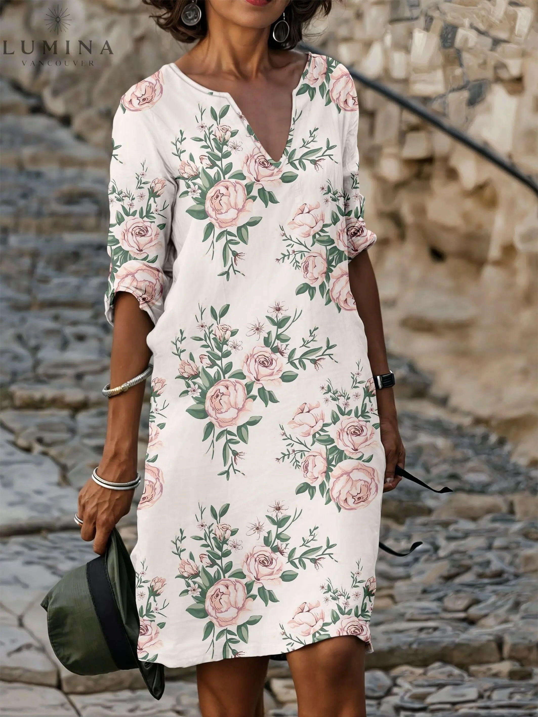 Lily – Floral V-Neck T-Shirt Dress - Lumina Vancouver