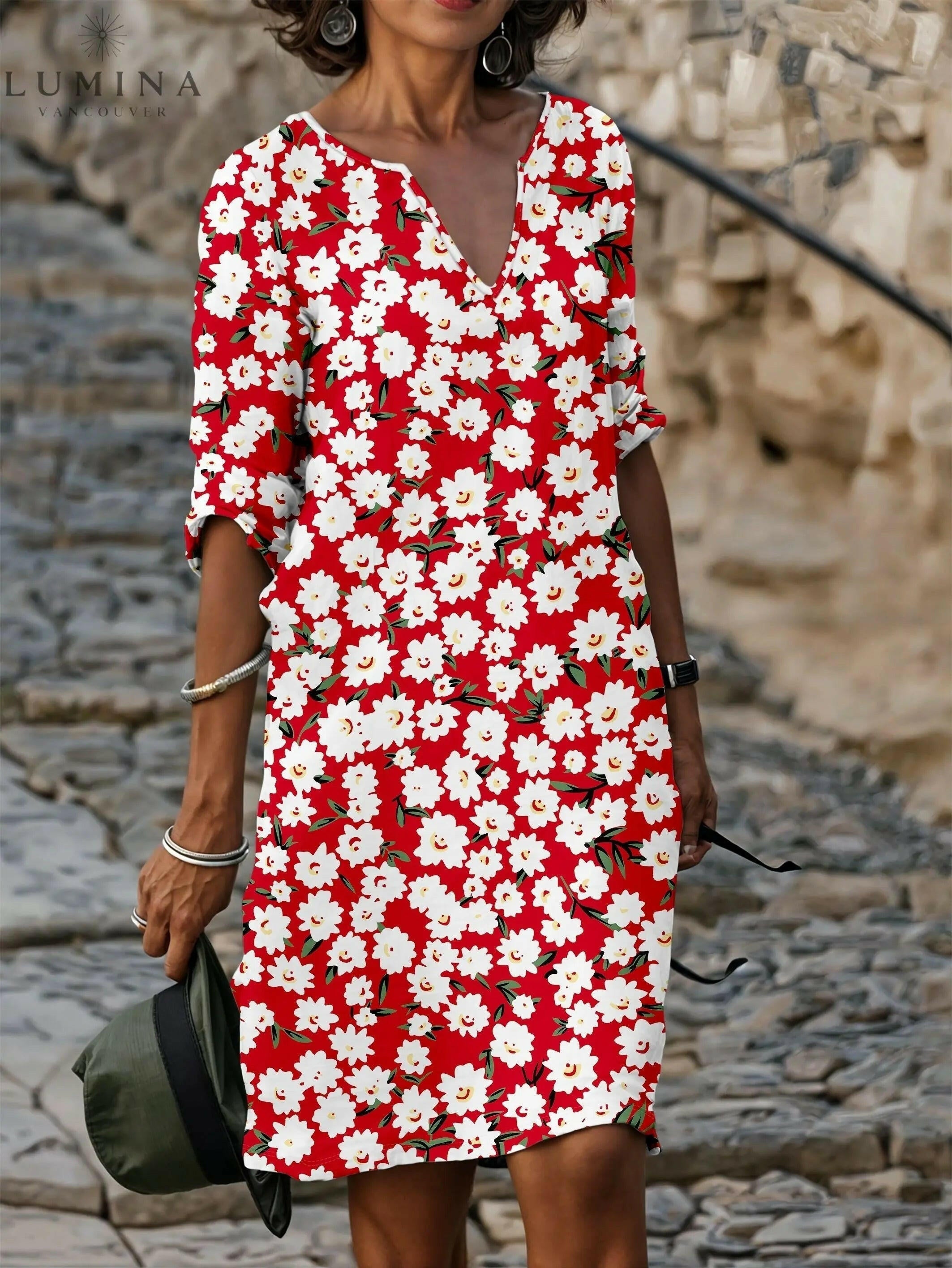 Lily – Floral V-Neck T-Shirt Dress - Lumina Vancouver