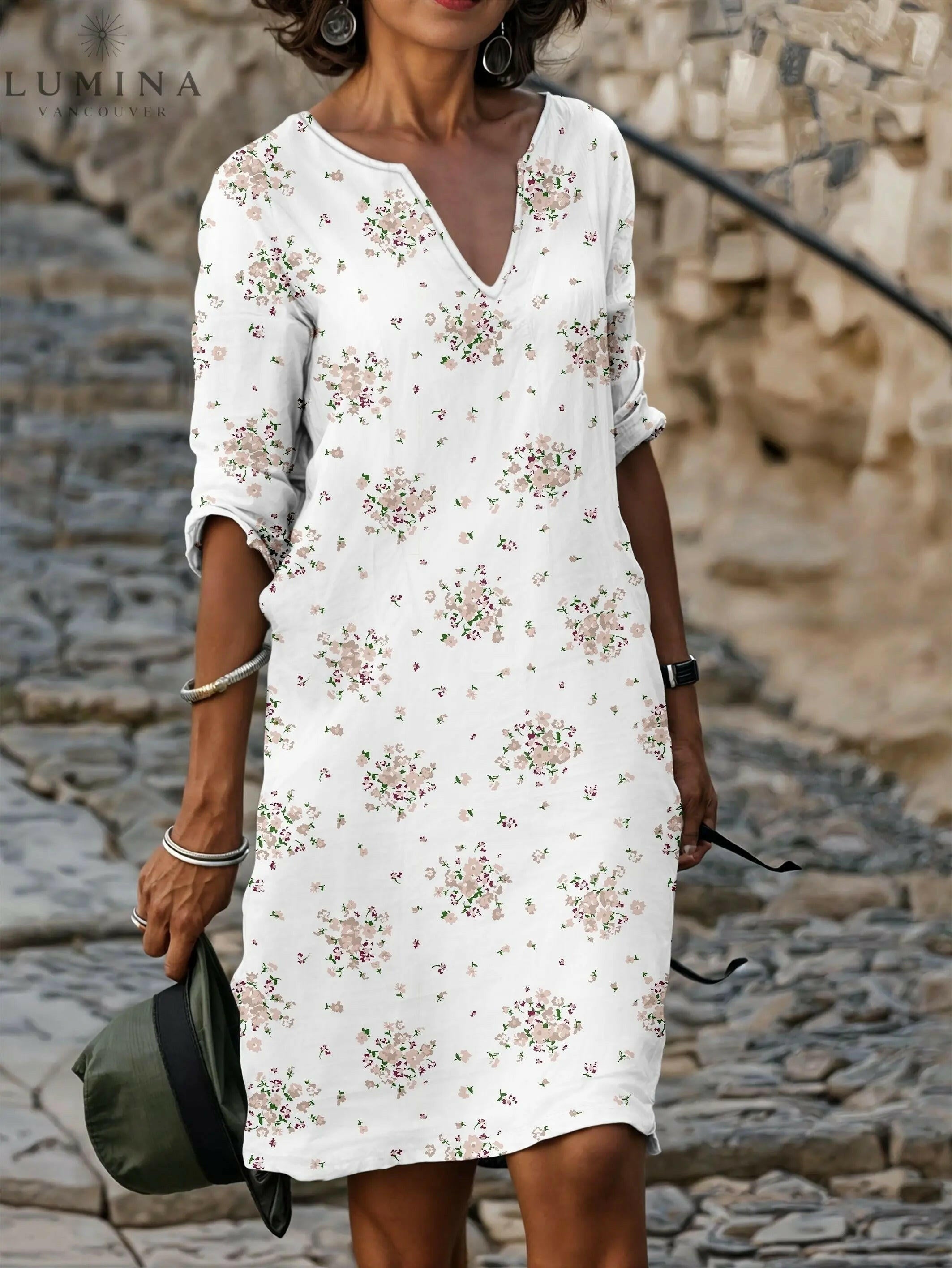 Lily – Floral V-Neck T-Shirt Dress - Lumina Vancouver
