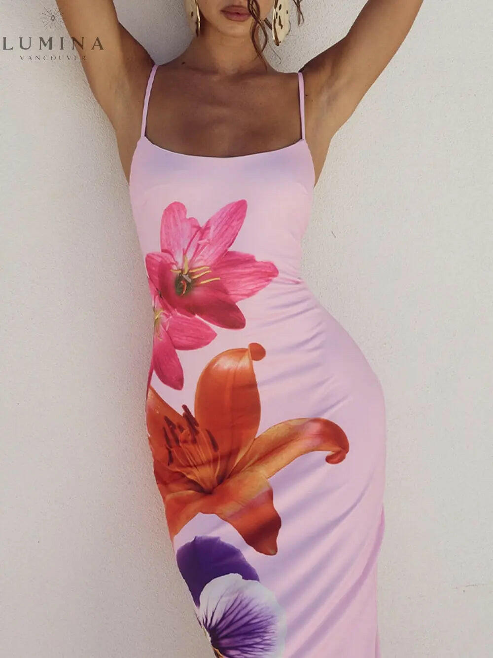 Liora - Unique Violet Floral Print Strap Midi Dress - Lumina Vancouver