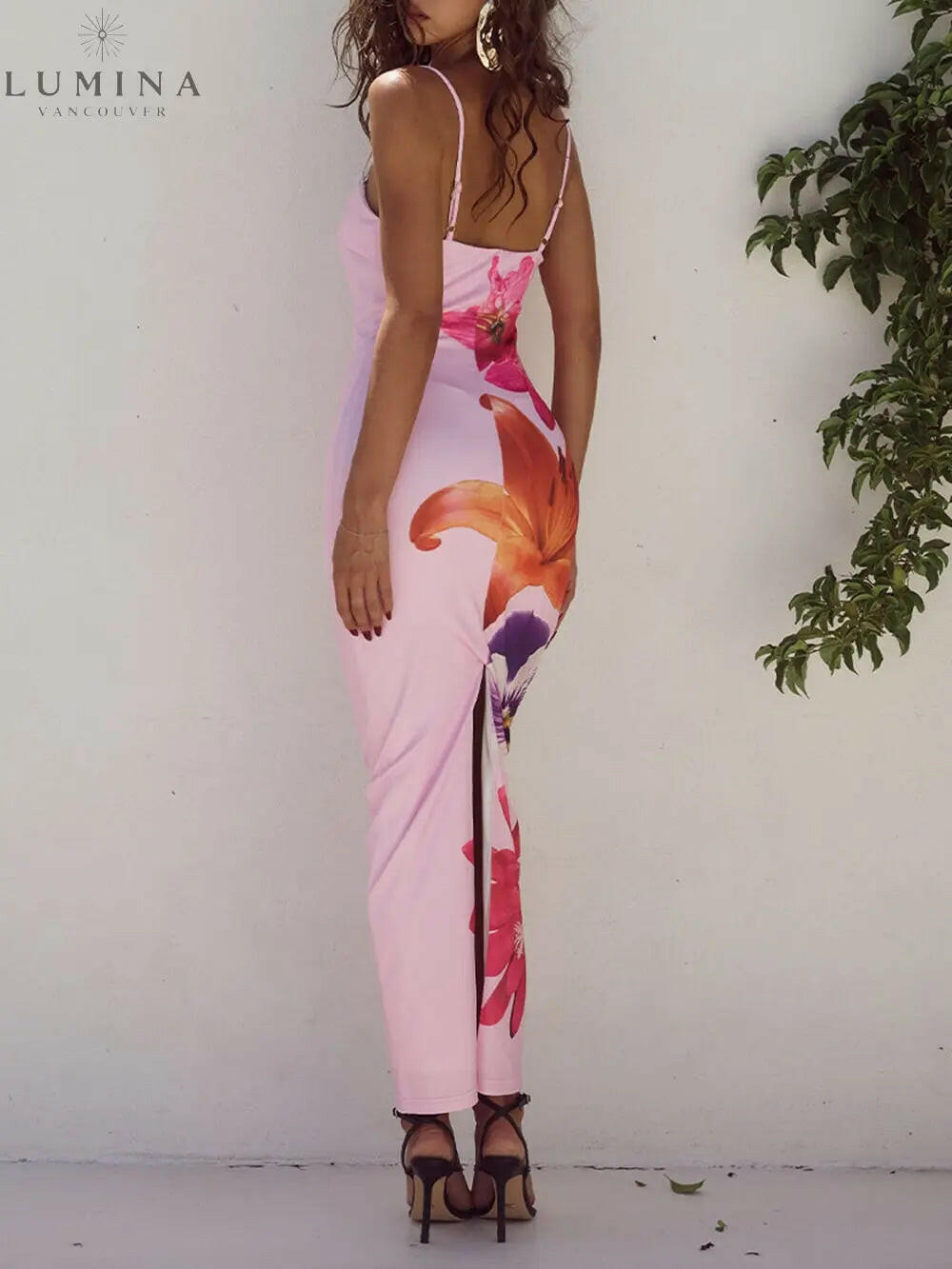Liora - Unique Violet Floral Print Strap Midi Dress - Lumina Vancouver