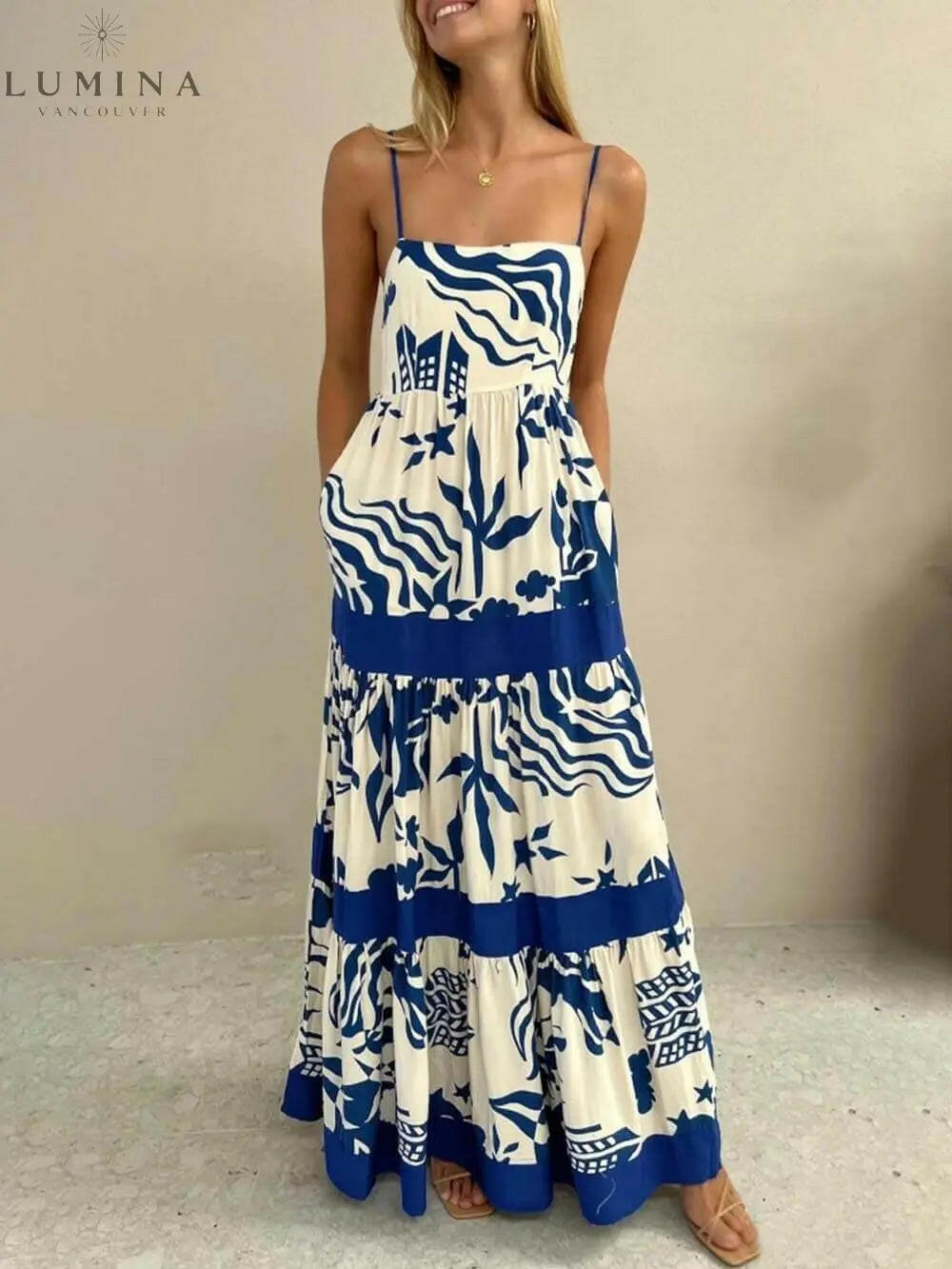 Marlowe - Elegant Ruffled With Floral Print Maxi Dress - Lumina Vancouver
