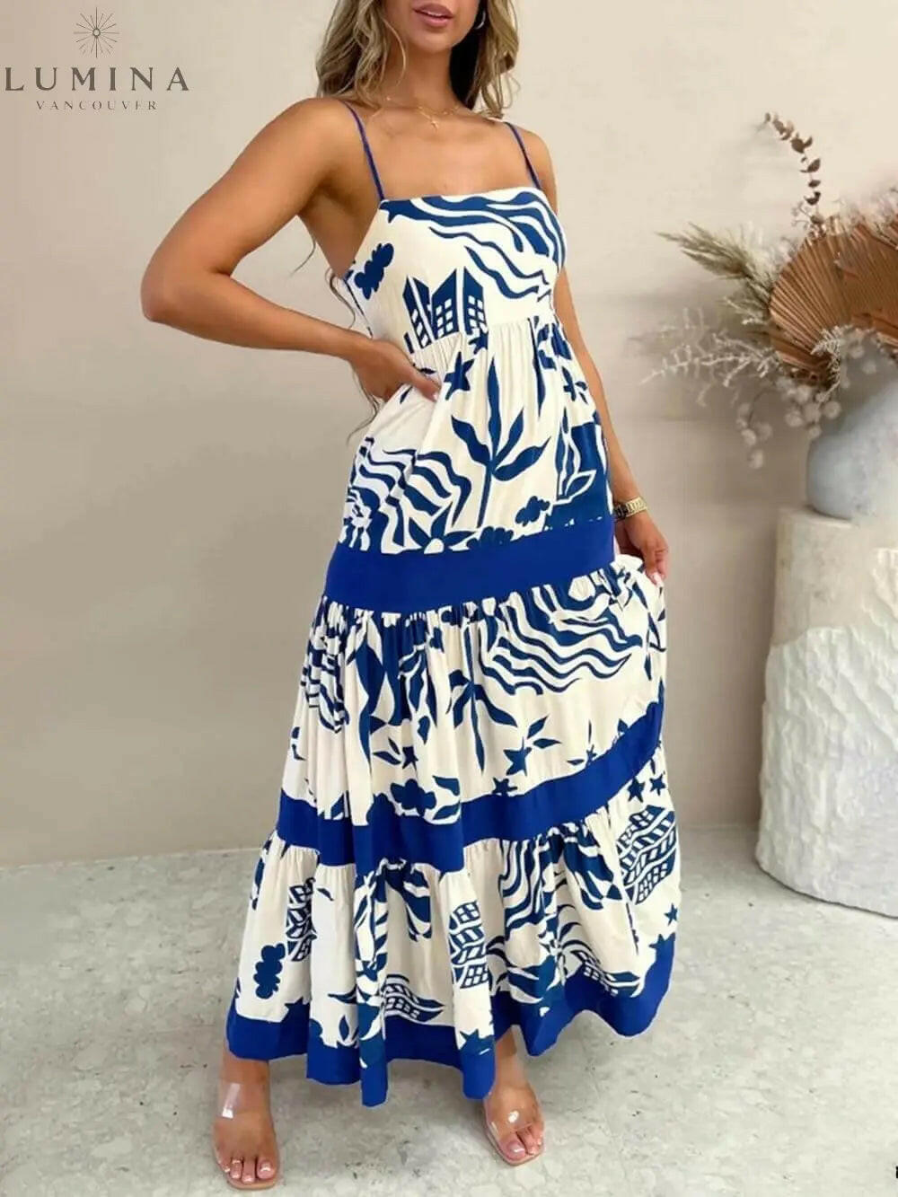 Marlowe - Elegant Ruffled With Floral Print Maxi Dress - Lumina Vancouver
