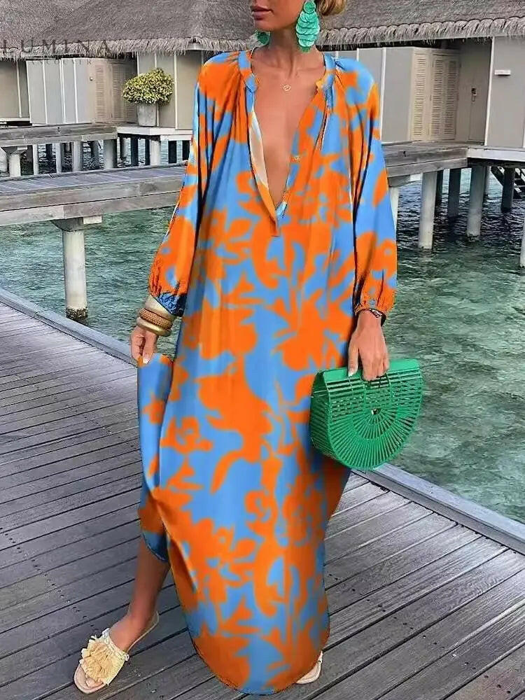 Marlowe - Printed V-neck Long-sleeved Loose Dress - Lumina Vancouver