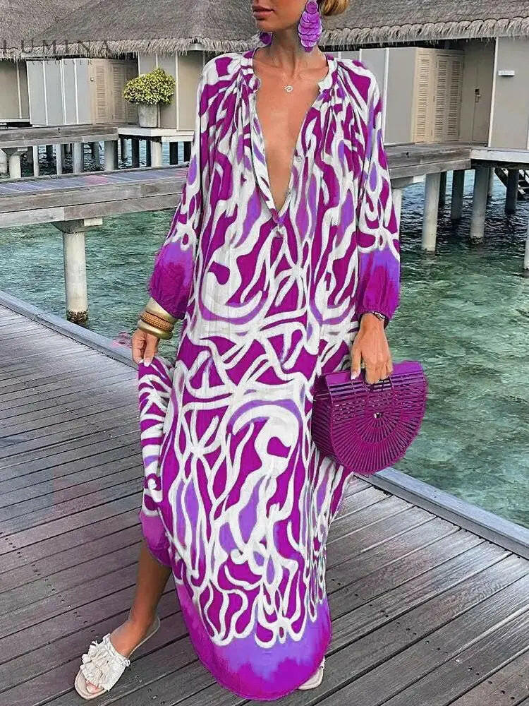 Marlowe - Printed V-neck Long-sleeved Loose Dress - Lumina Vancouver
