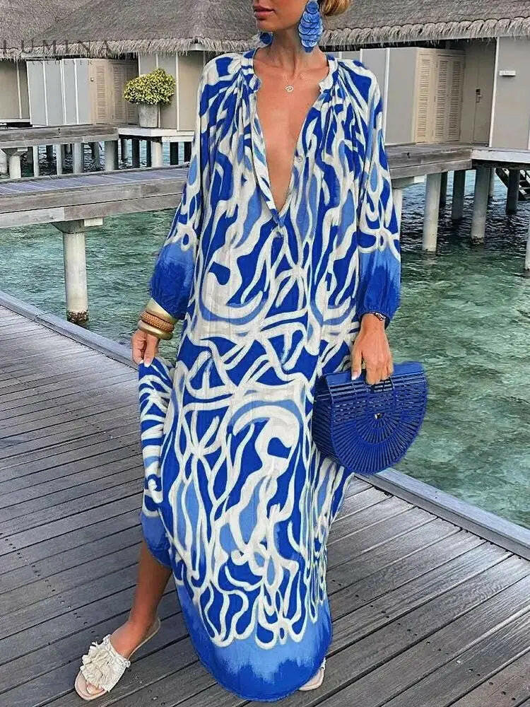 Marlowe - Printed V-neck Long-sleeved Loose Dress - Lumina Vancouver