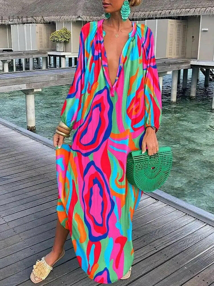 Marlowe - Printed V-neck Long-sleeved Loose Dress - Lumina Vancouver
