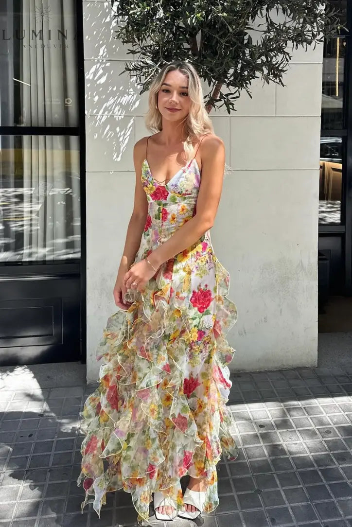 Oceana - Chiffon Rose Print Slit Maxi Dress Lumina Vancouver