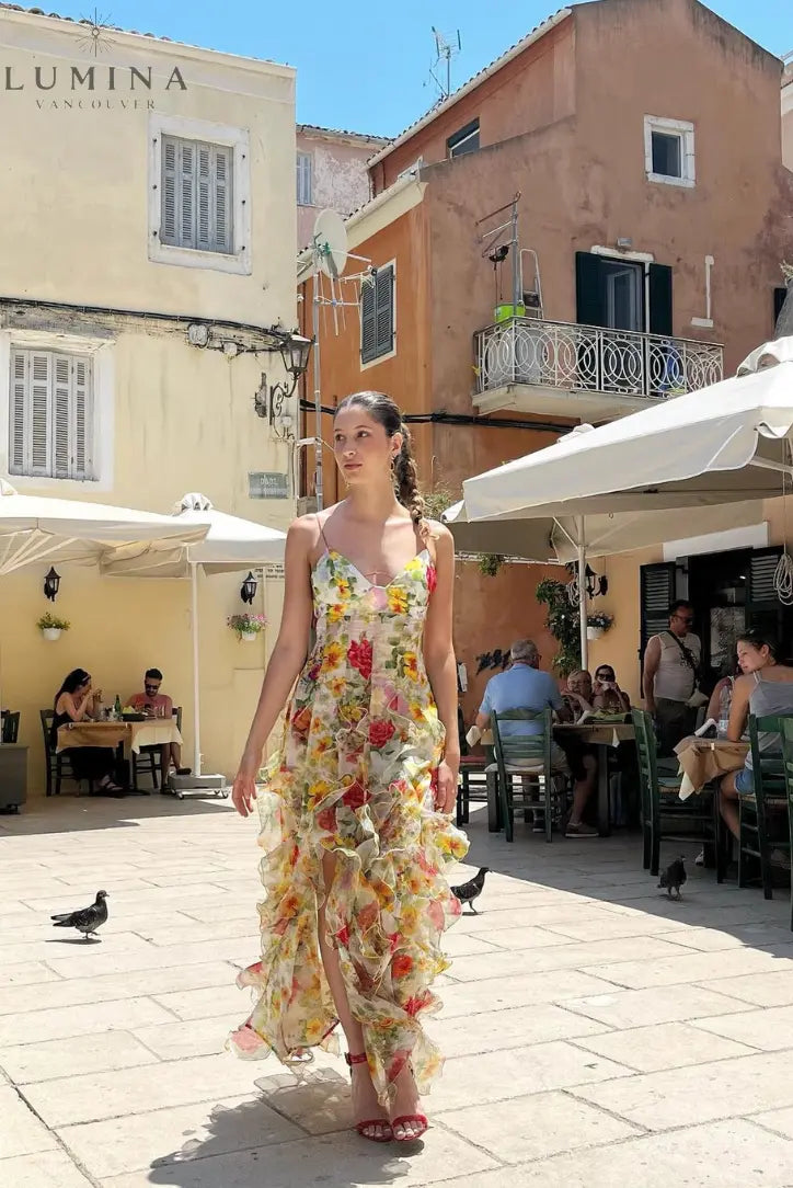 Oceana - Chiffon Rose Print Slit Maxi Dress Lumina Vancouver