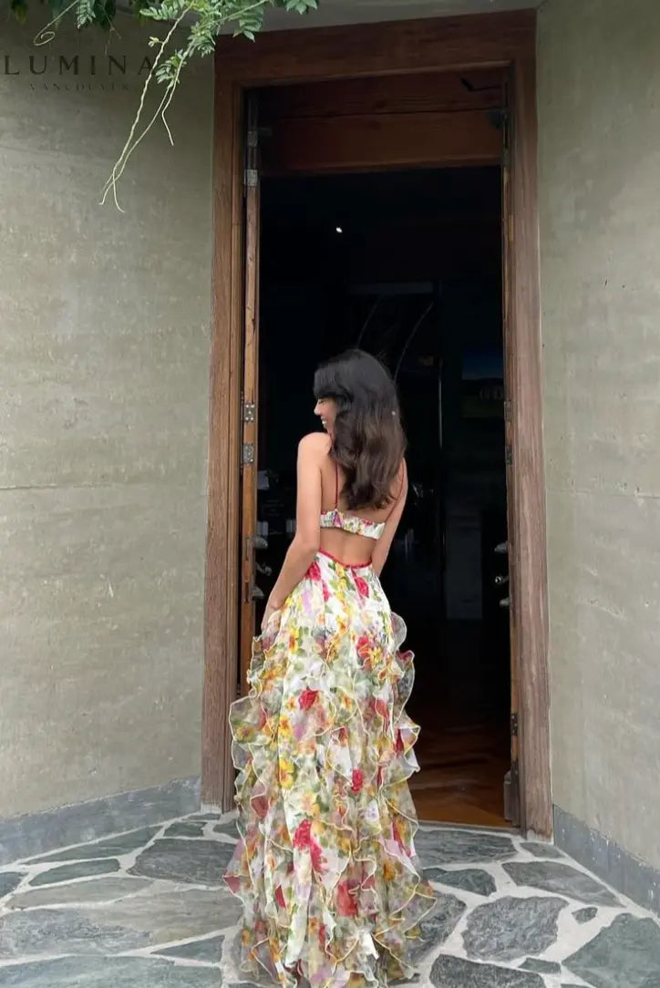 Oceana - Chiffon Rose Print Slit Maxi Dress Lumina Vancouver