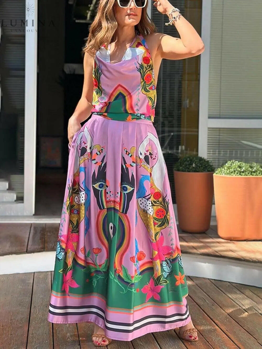 Selene - Elegance Unique Satin Print Back Tie-up Pocket Halter Maxi Dress - Lumina Vancouver