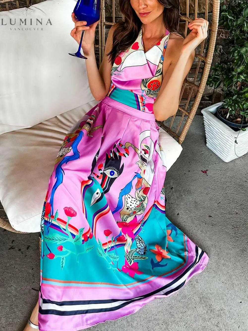 Selene - Elegance Unique Satin Print Back Tie-up Pocket Halter Maxi Dress - Lumina Vancouver