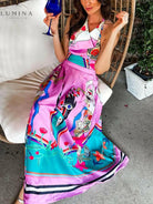 Selene - Elegance Unique Satin Print Back Tie-up Pocket Halter Maxi Dress - Lumina Vancouver