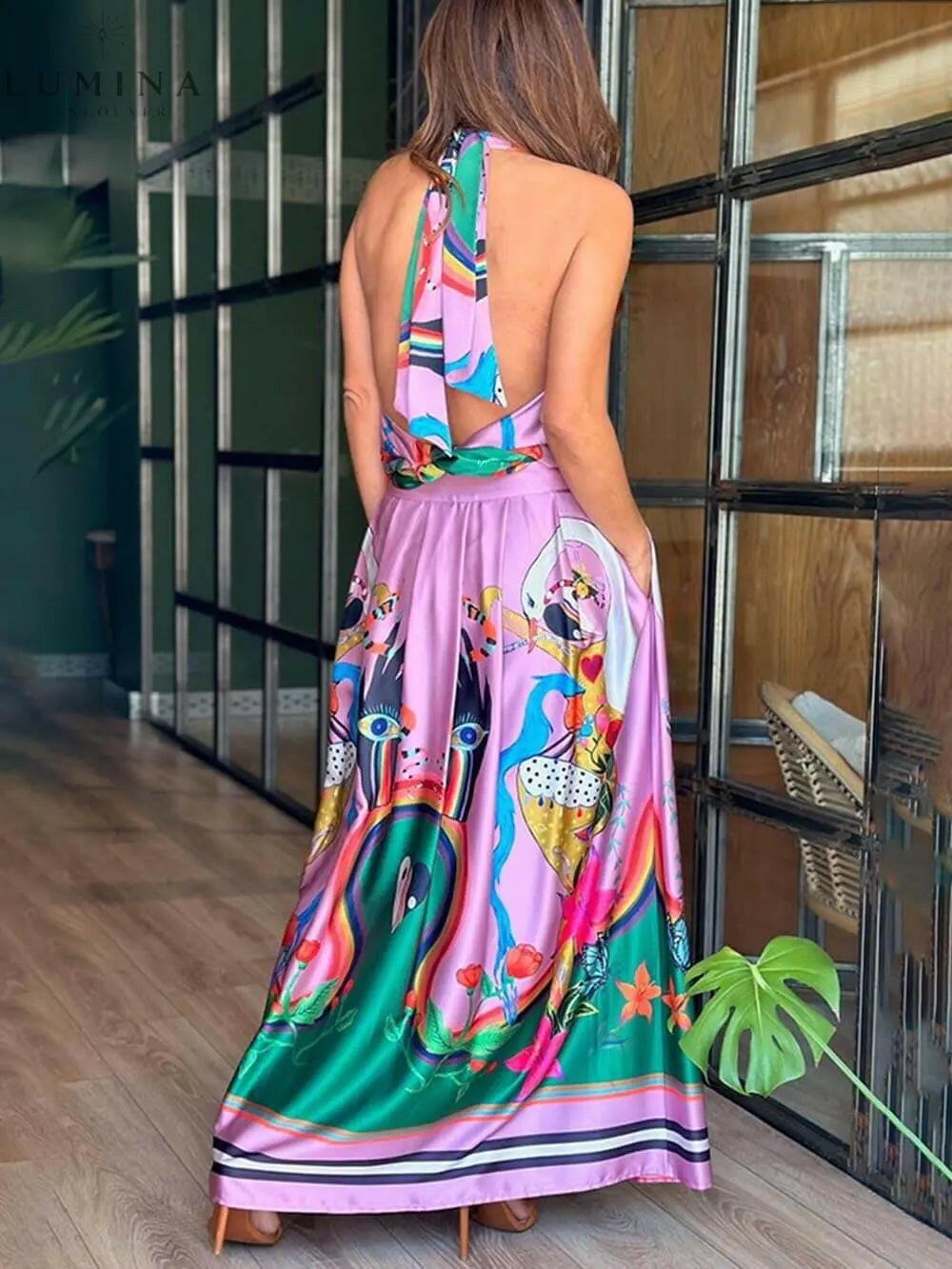 Selene - Elegance Unique Satin Print Back Tie-up Pocket Halter Maxi Dress - Lumina Vancouver