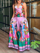 Selene - Elegance Unique Satin Print Back Tie-up Pocket Halter Maxi Dress - Lumina Vancouver