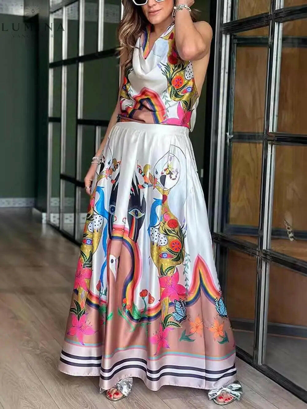 Selene - Elegance Unique Satin Print Back Tie-up Pocket Halter Maxi Dress - Lumina Vancouver
