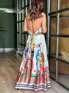 Selene - Elegance Unique Satin Print Back Tie-up Pocket Halter Maxi Dress - Lumina Vancouver
