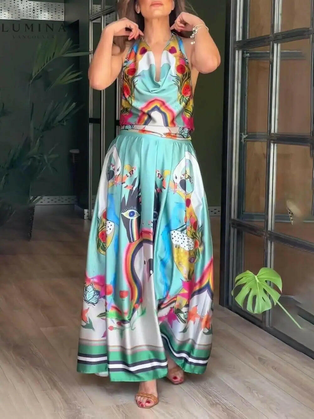 Selene - Elegance Unique Satin Print Back Tie-up Pocket Halter Maxi Dress - Lumina Vancouver