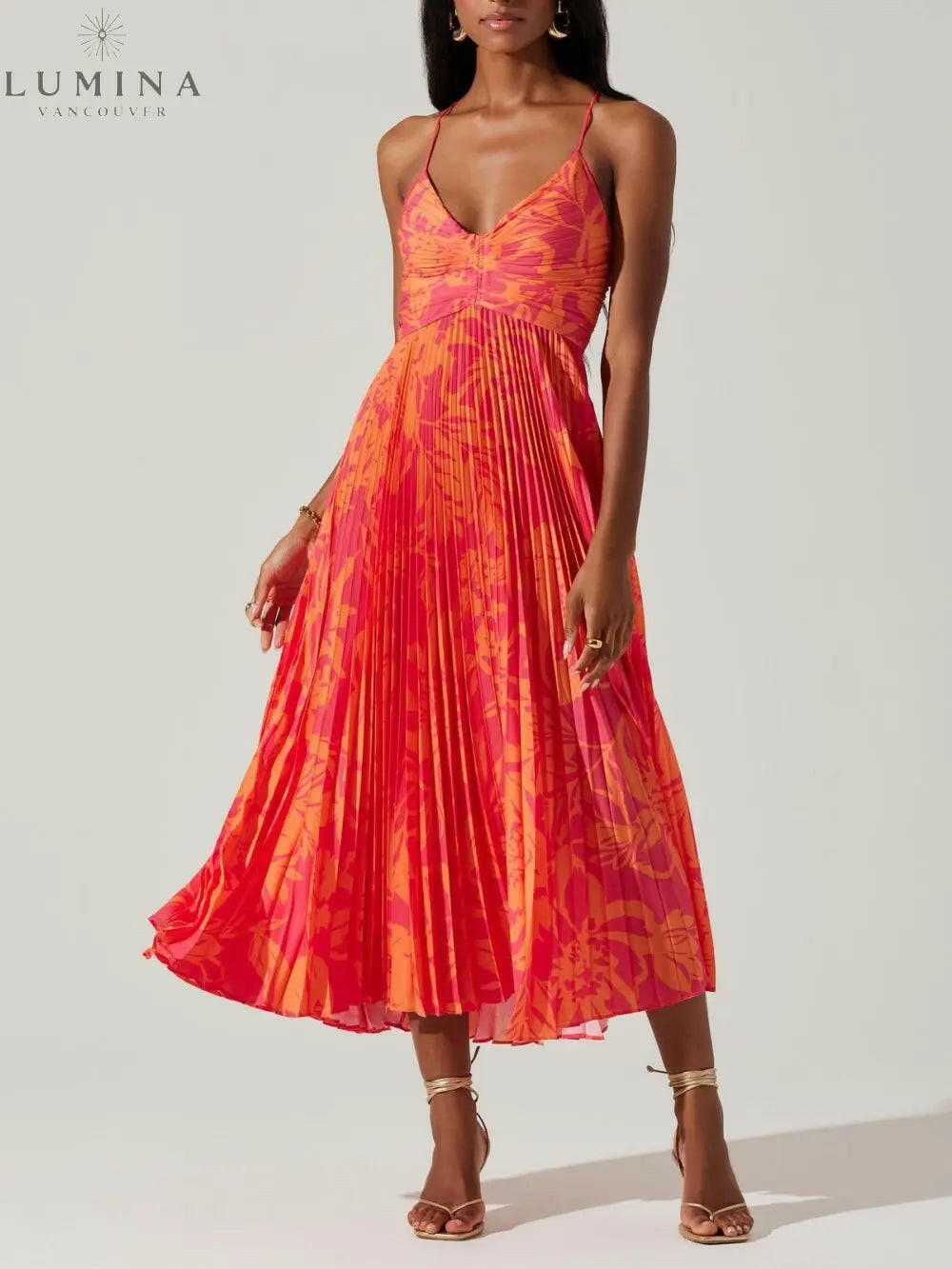 Selene - Elegant Floral Print Pleats Midi Dress - Lumina Vancouver