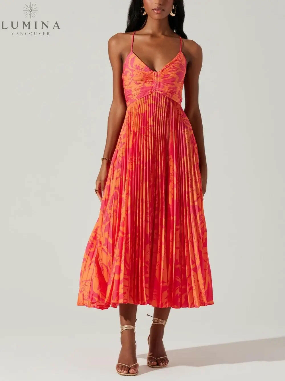 Selene - Elegant Floral Print Pleats Midi Dress - Lumina Vancouver