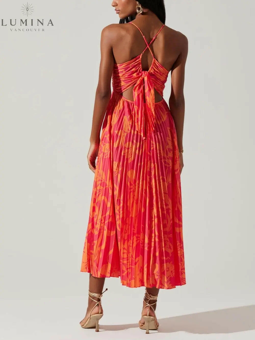 Selene - Elegant Floral Print Pleats Midi Dress - Lumina Vancouver
