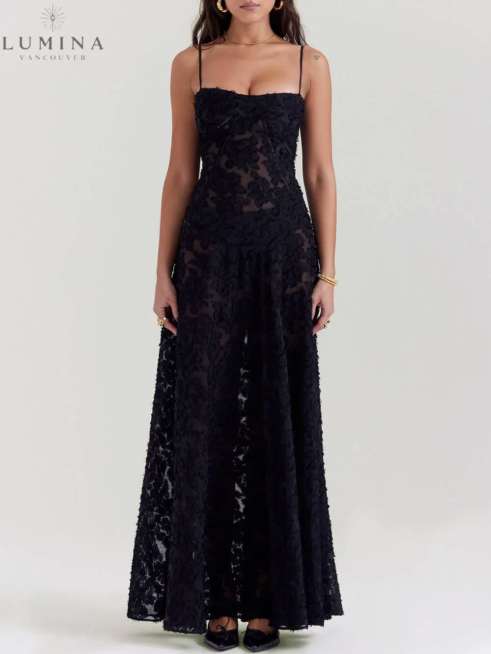 Seraphina - Black Floral Lace Back Maxi Dress - Lumina Vancouver