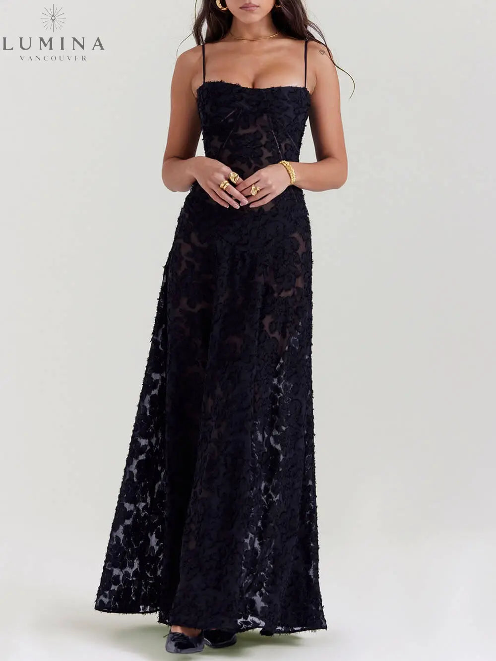 Seraphina - Black Floral Lace Back Maxi Dress - Lumina Vancouver
