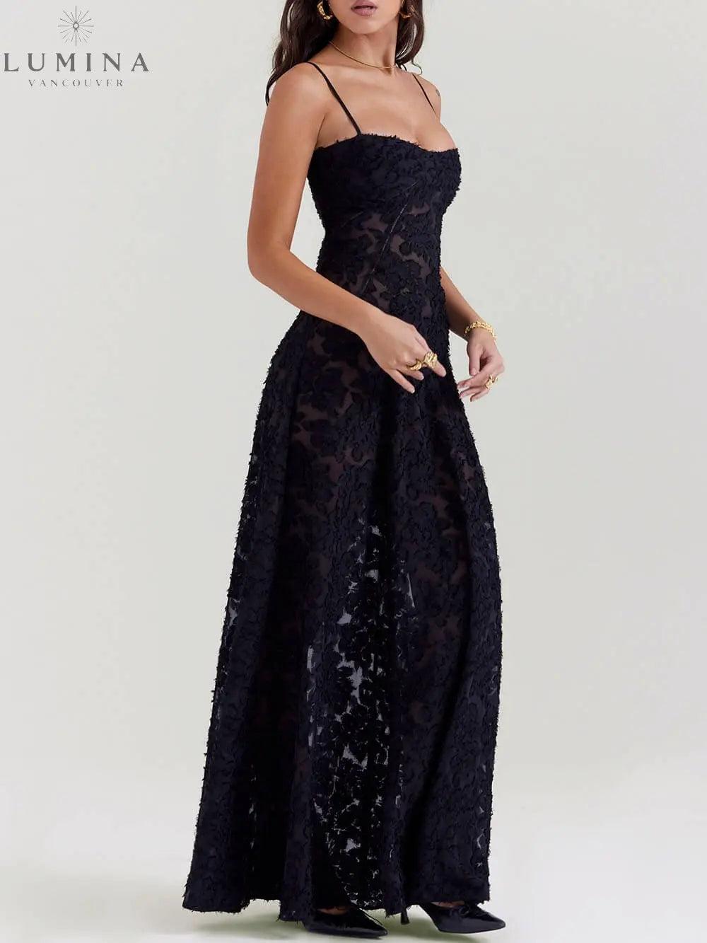 Seraphina - Black Floral Lace Back Maxi Dress - Lumina Vancouver