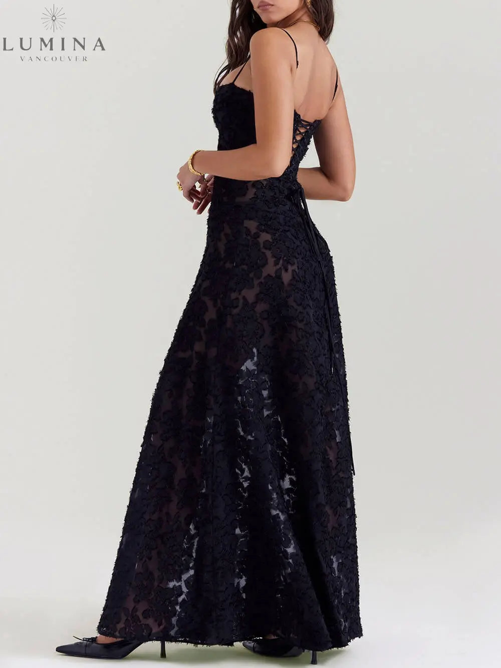 Seraphina - Black Floral Lace Back Maxi Dress - Lumina Vancouver