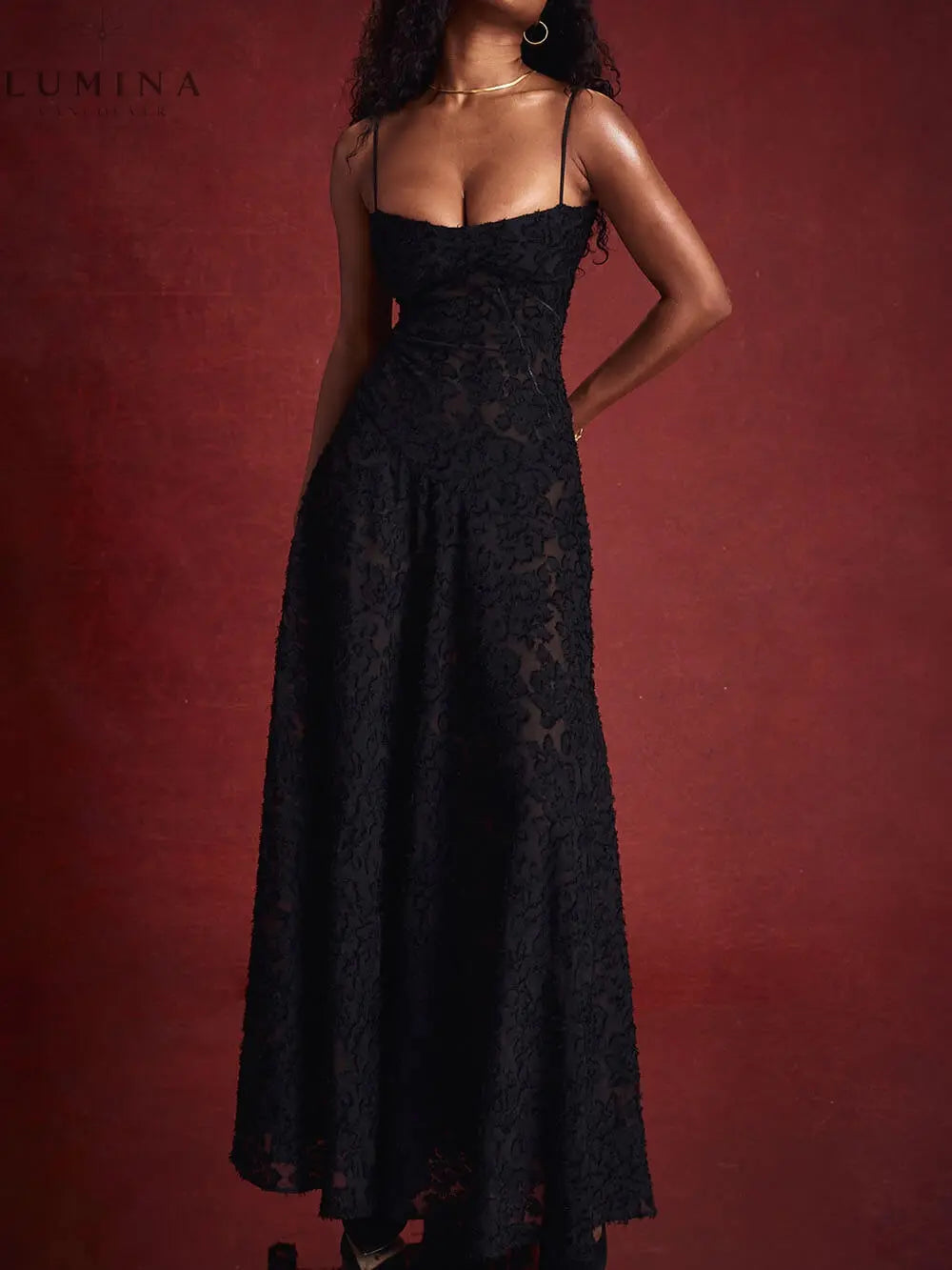 Seraphina - Black Floral Lace Back Maxi Dress - Lumina Vancouver