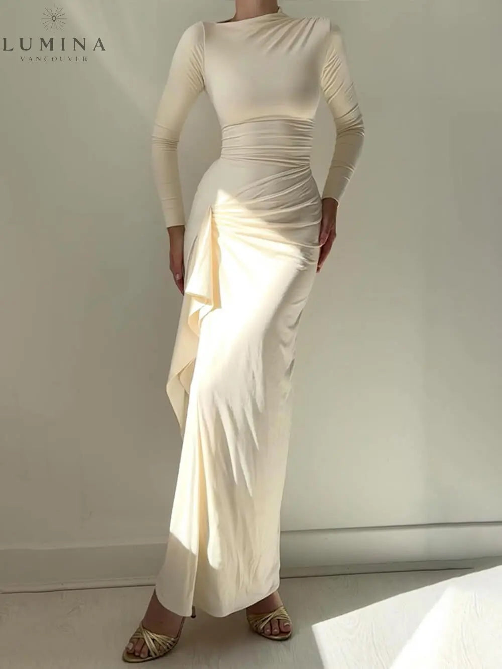 Seraphina - Elegant Ruched Side Slit Drape Ruffles Back Lace-up Stretch Maxi Dress - Lumina Vancouver