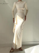 Seraphina - Elegant Ruched Side Slit Drape Ruffles Back Lace-up Stretch Maxi Dress - Lumina Vancouver