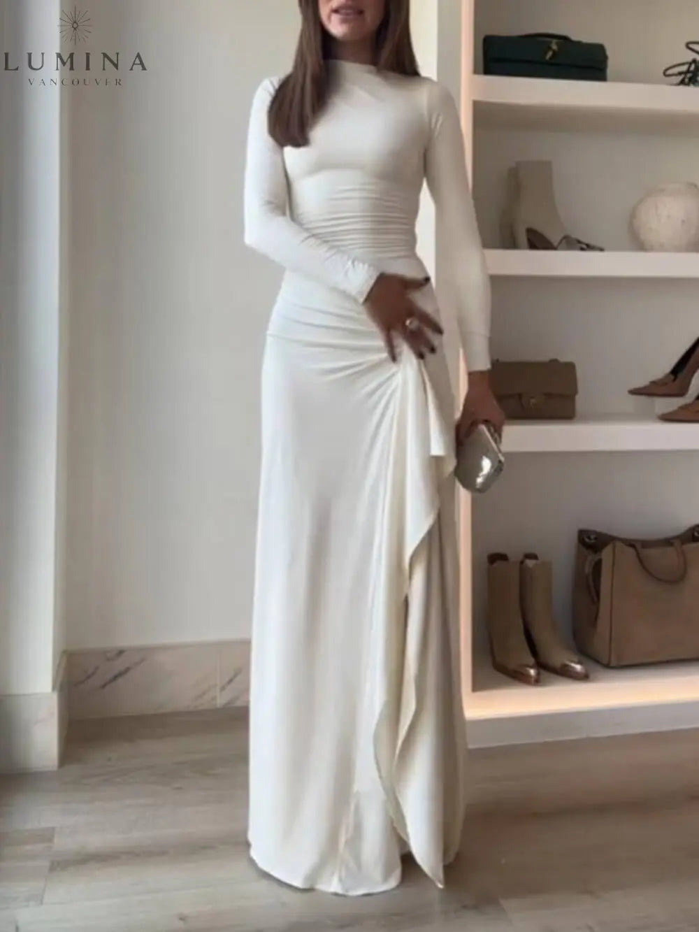 Seraphina - Elegant Ruched Side Slit Drape Ruffles Back Lace-up Stretch Maxi Dress - Lumina Vancouver