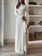 Seraphina - Elegant Ruched Side Slit Drape Ruffles Back Lace-up Stretch Maxi Dress - Lumina Vancouver