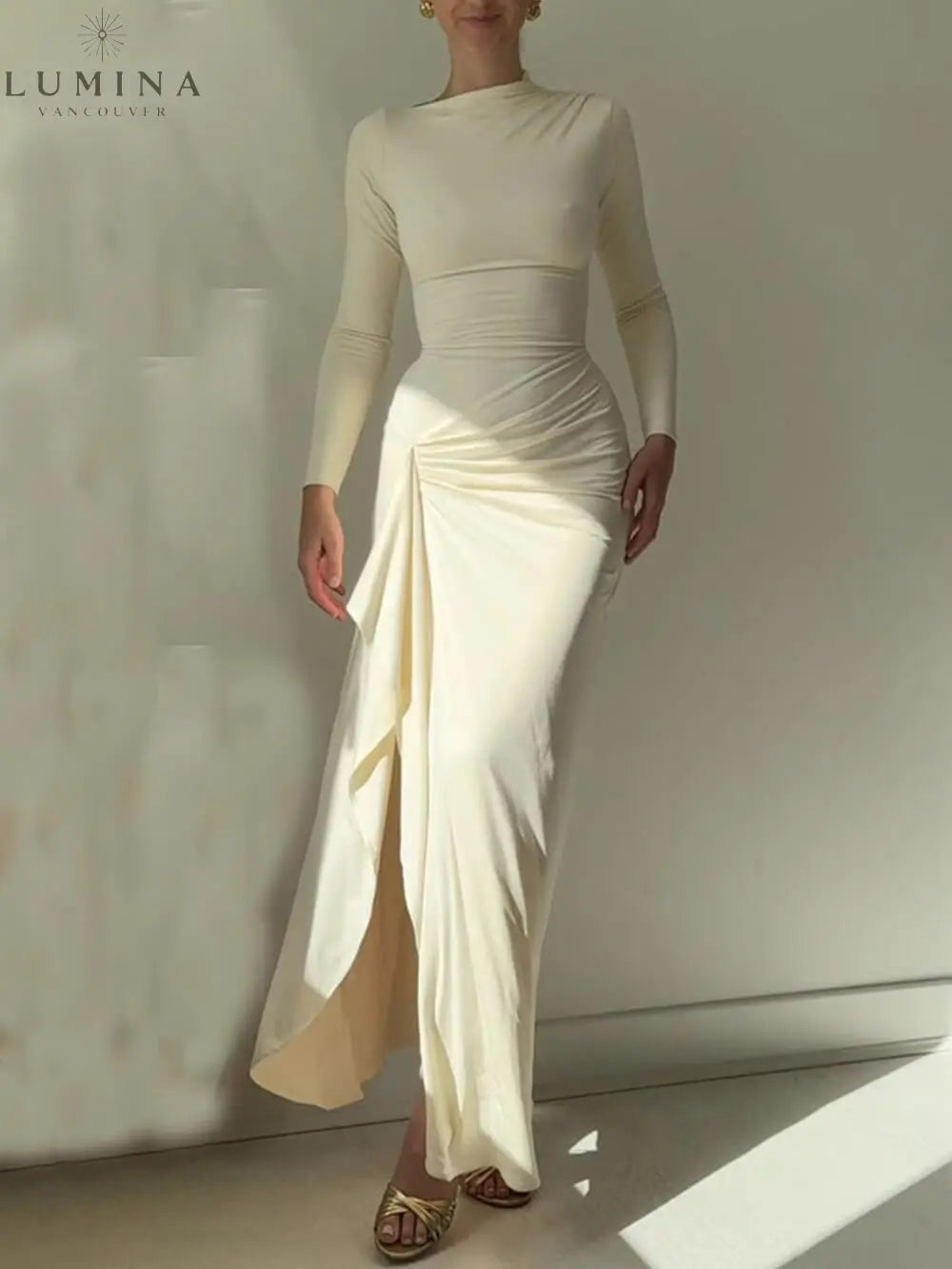 Seraphina - Elegant Ruched Side Slit Drape Ruffles Back Lace-up Stretch Maxi Dress - Lumina Vancouver