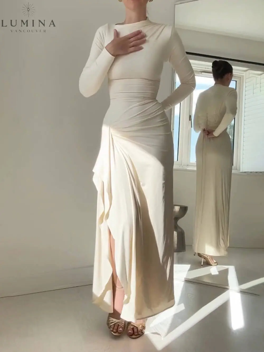 Seraphina - Elegant Ruched Side Slit Drape Ruffles Back Lace-up Stretch Maxi Dress - Lumina Vancouver