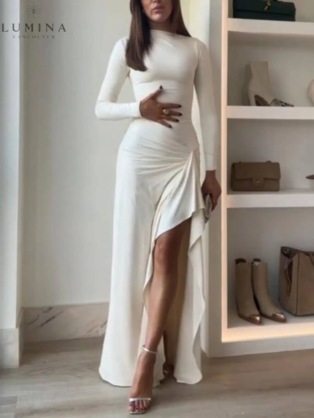 Seraphina - Elegant Ruched Side Slit Drape Ruffles Back Lace-up Stretch Maxi Dress - Lumina Vancouver