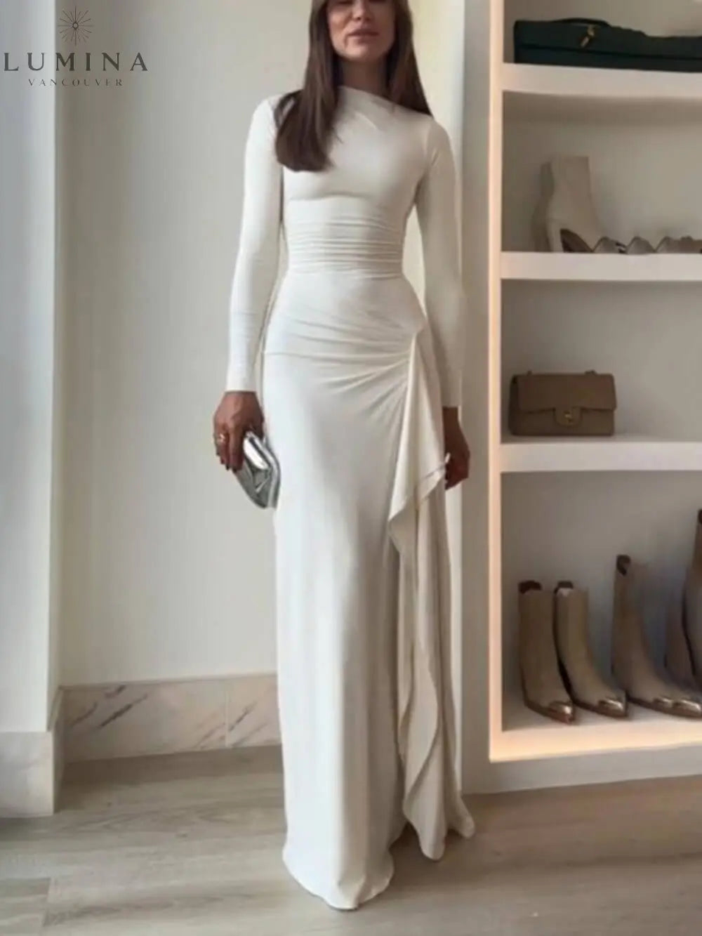 Seraphina - Elegant Ruched Side Slit Drape Ruffles Back Lace-up Stretch Maxi Dress - Lumina Vancouver
