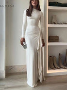 Seraphina - Elegant Ruched Side Slit Drape Ruffles Back Lace-up Stretch Maxi Dress - Lumina Vancouver