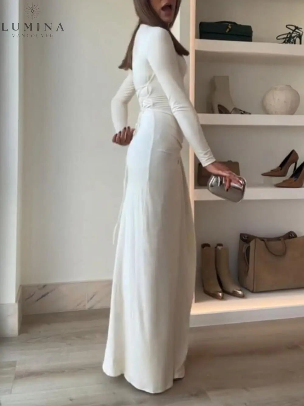 Seraphina - Elegant Ruched Side Slit Drape Ruffles Back Lace-up Stretch Maxi Dress - Lumina Vancouver
